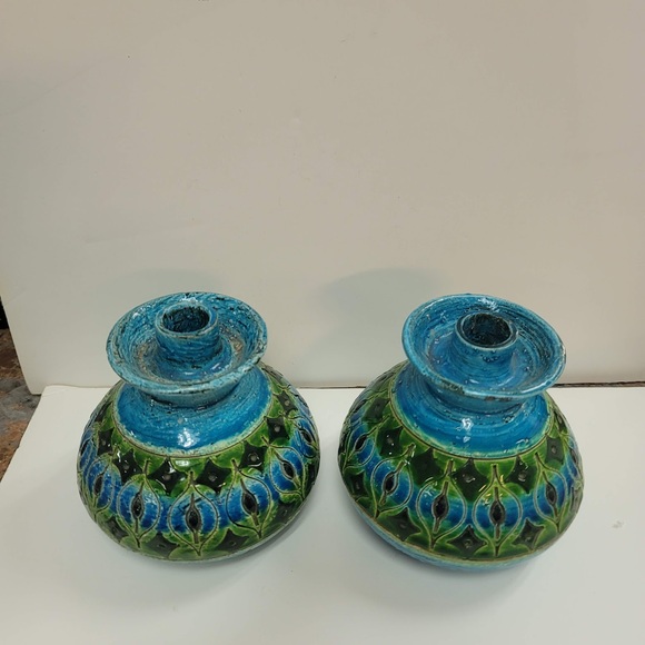 Bitossi Italy Console Bowl w/ Matching Candlestick Art Pottery Rimini blue Green - Picture 11 of 13